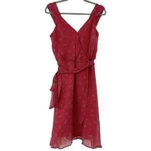 Amour Vert Red Floral Silk Wrap Knee Length Dress Size Extra Small